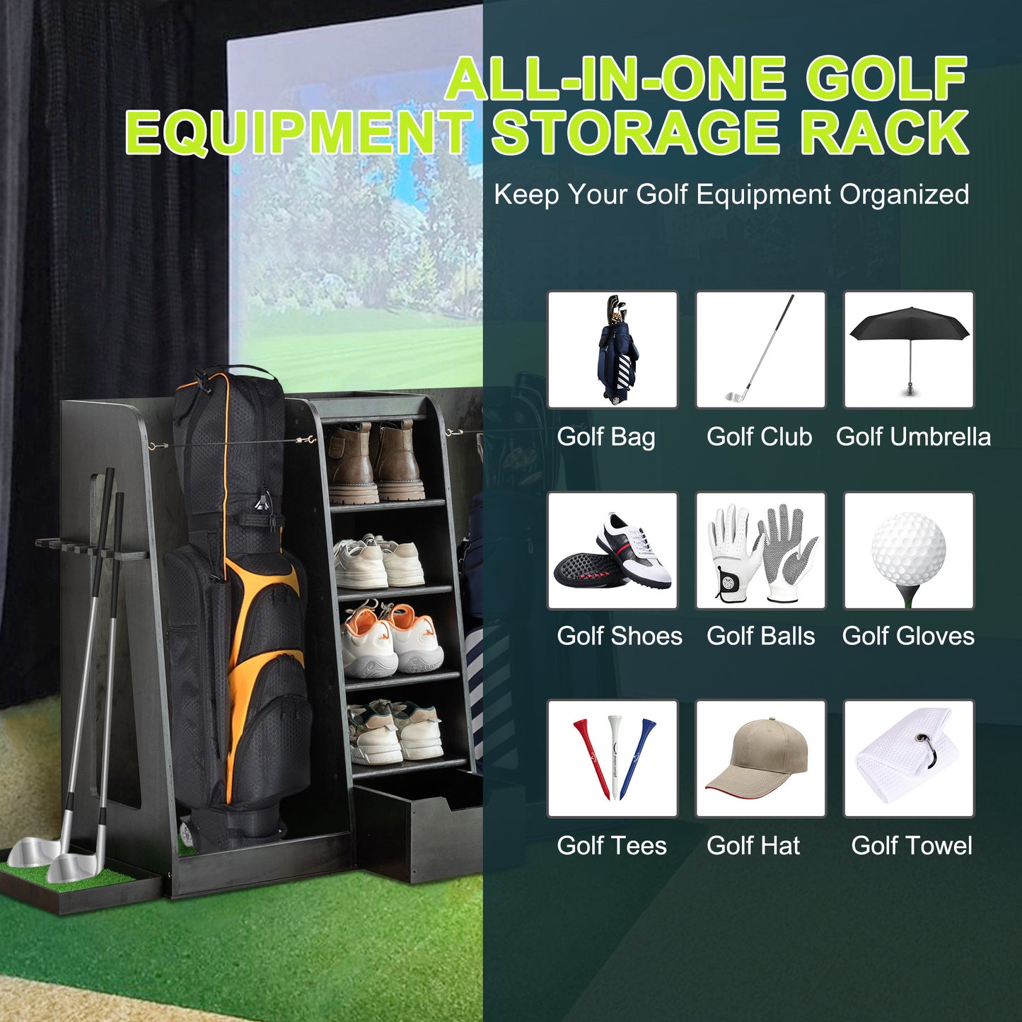 Premium Wooden Golf Bag Organizer Rack – Holds 2 Bags + Gear Storage