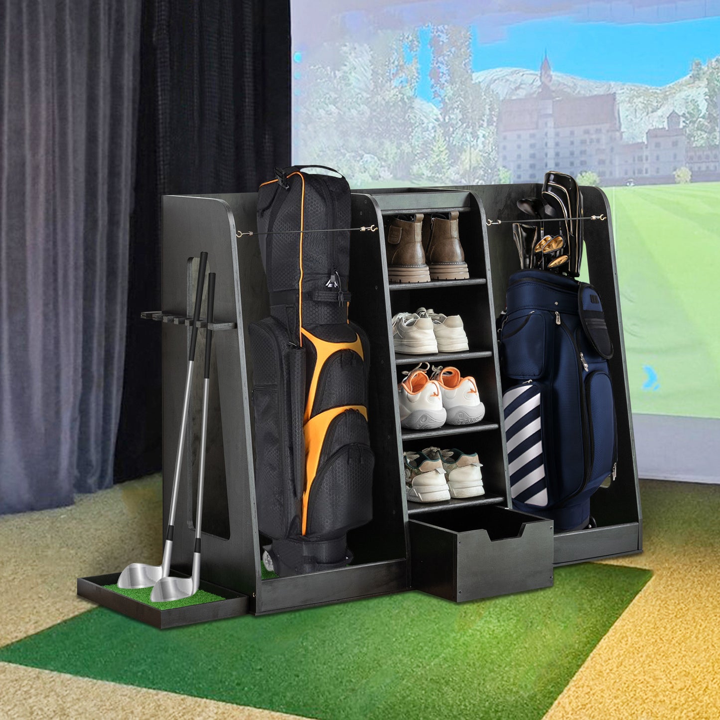 Premium Wooden Golf Bag Organizer Rack – Holds 2 Bags + Gear Storage