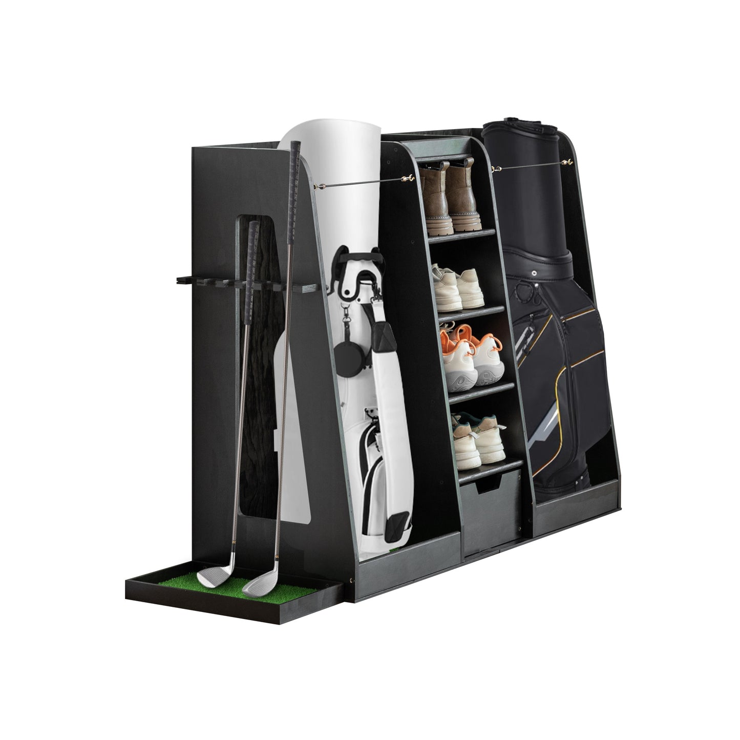 Premium Wooden Golf Bag Organizer Rack – Holds 2 Bags + Gear Storage