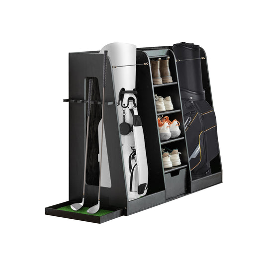 Premium Wooden Golf Bag Organizer Rack – Holds 2 Bags + Gear Storage