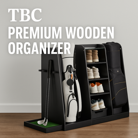 Premium Wooden Golf Bag Organizer Rack – Holds 2 Bags + Gear Storage